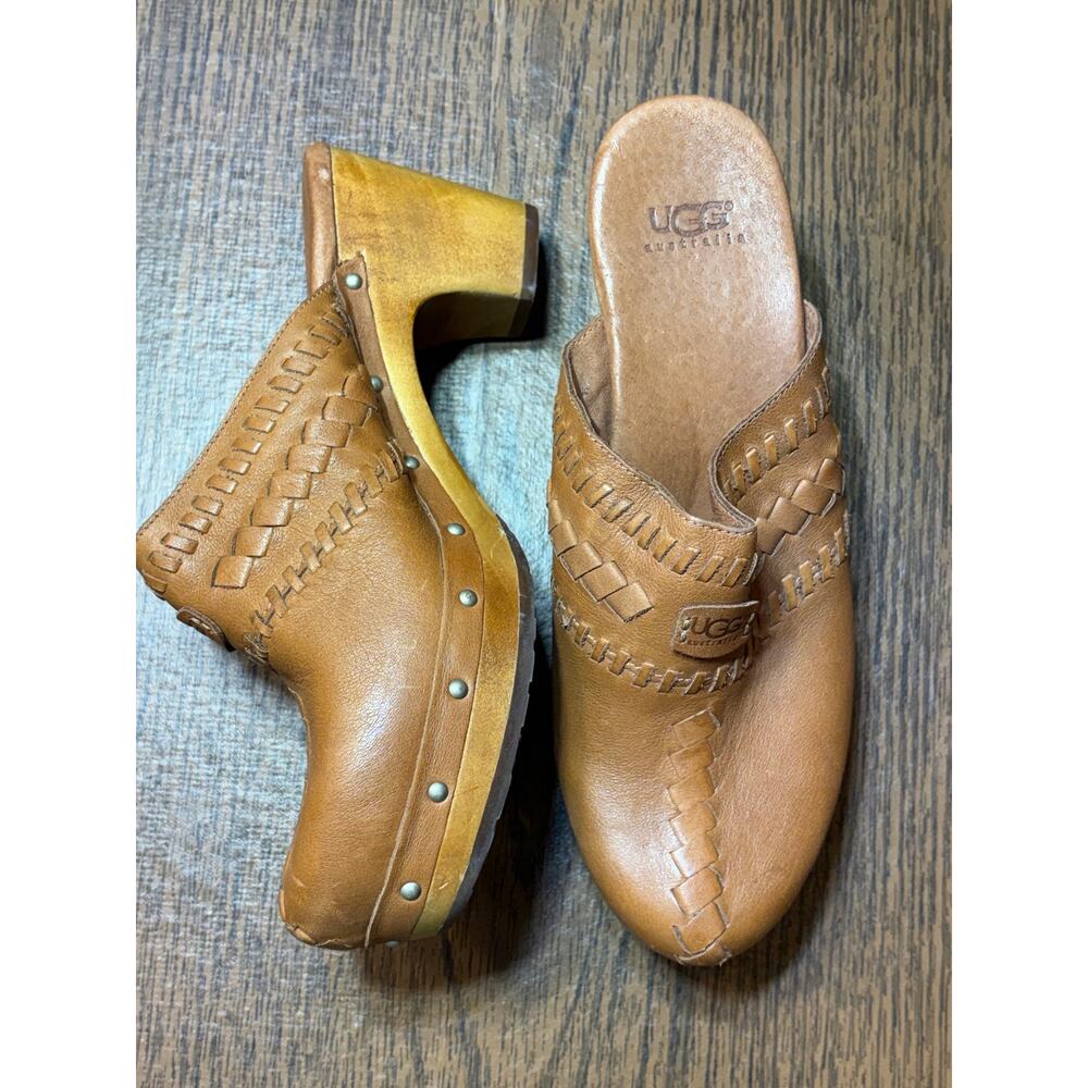 UGG Brown Leather Vivica Clog/Mule Braided Detail Wood Platform Size 7 - Picture 9 of 16